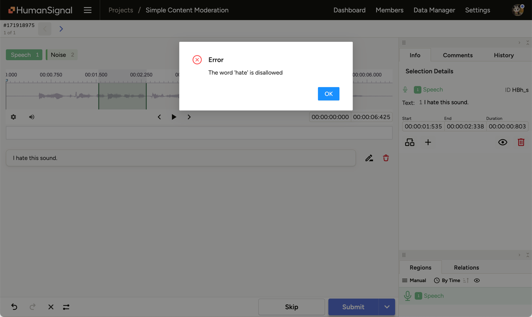 Screenshot of moderation modal in Label Studio
